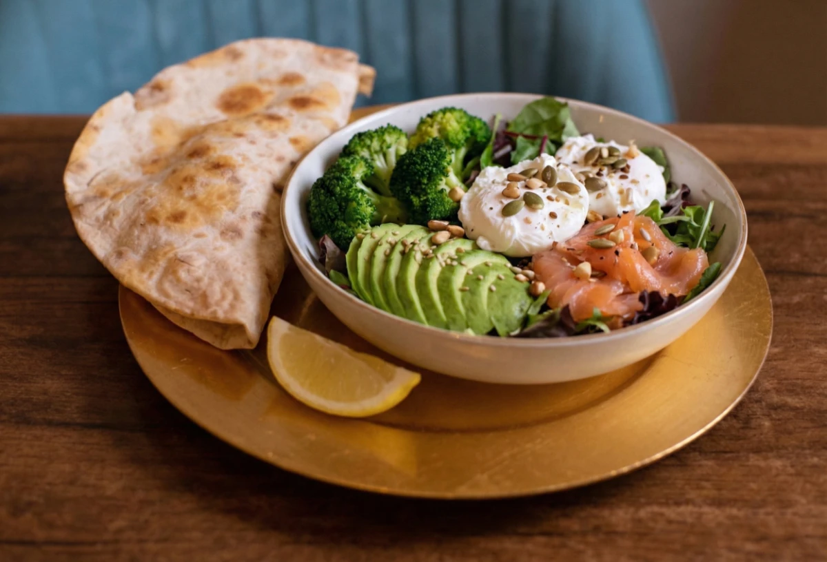 Brunch para la mañana y todo el dia - Beneficios del huevo pochado -brócoli - aguacate - salmón ahumado - mix de semillas - rúcula Imperio Brunch y mix de ensaladas - comida sana en Barcelona