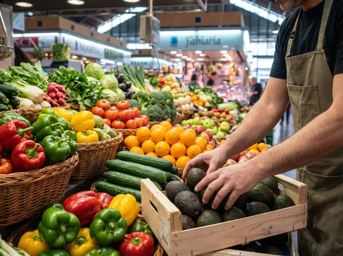 mercado de producto fresco en l'eixample Barcelona - vista de frutas verduras y en primer plano aguacates - La mejor comida saludable de Barcelona