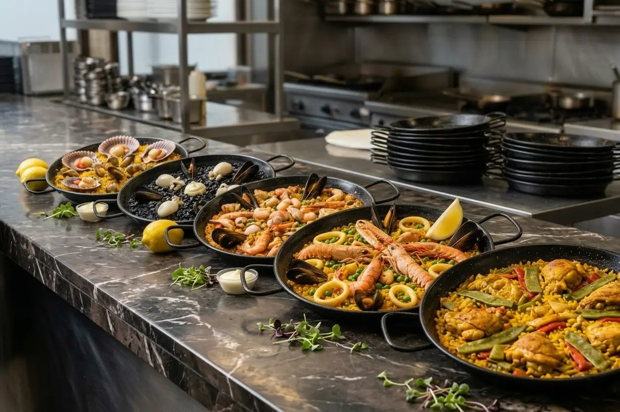 Paella en Barcelona selección de paellas de marisco, paella de pollo - arroz negro, arroz de mar y paella de vieiras comer paella cerca de Sagrada Familia