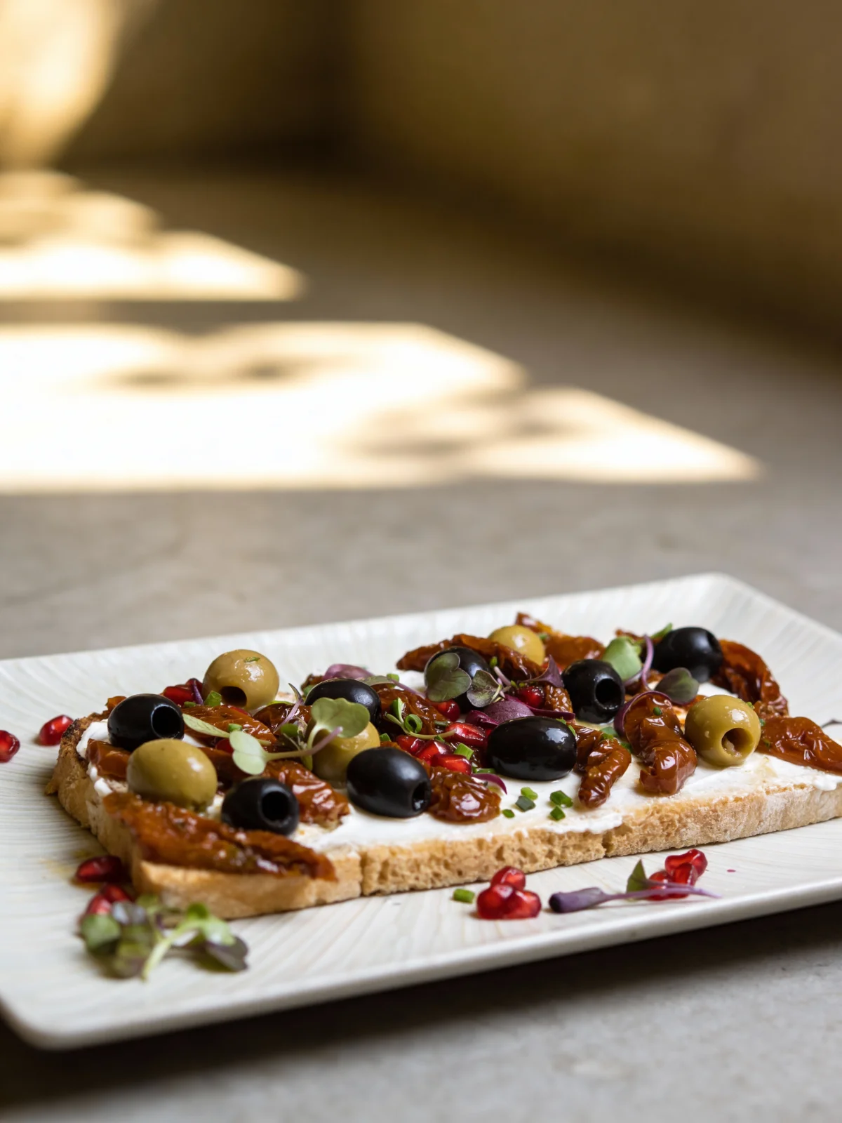 Tostada de Tomate Especial deshidratado al sol licopeno y vitaminas puras - Esencia tostada Mediterránea con olivas y alcaparra
Torrada de Tomàquet Especial deshidratat al sol licopè i vitamines pures - Essència torrada Mediterrània amb olives i tàpera
Special sun-dried tomato toast with lycopene and pure vitamins - Mediterranean toast essence with olives and capers