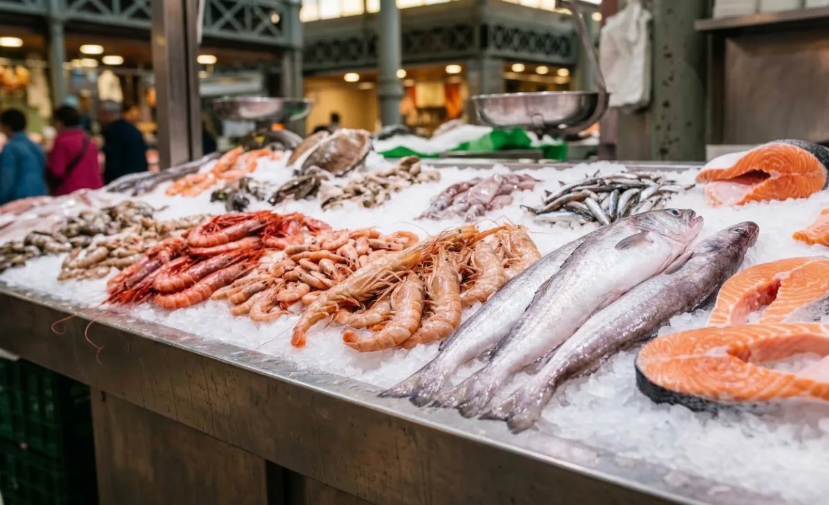 Mercado de proximidad puesto de mercado pescadería del mercado de la concepción, en Barcelona. Pescado y marisco para cocinar y para un plato mediterráneo y estrella , por supuesto, como es la mejor paella de Barcelona y sobre todo Sagrada Familia y el Eixample
