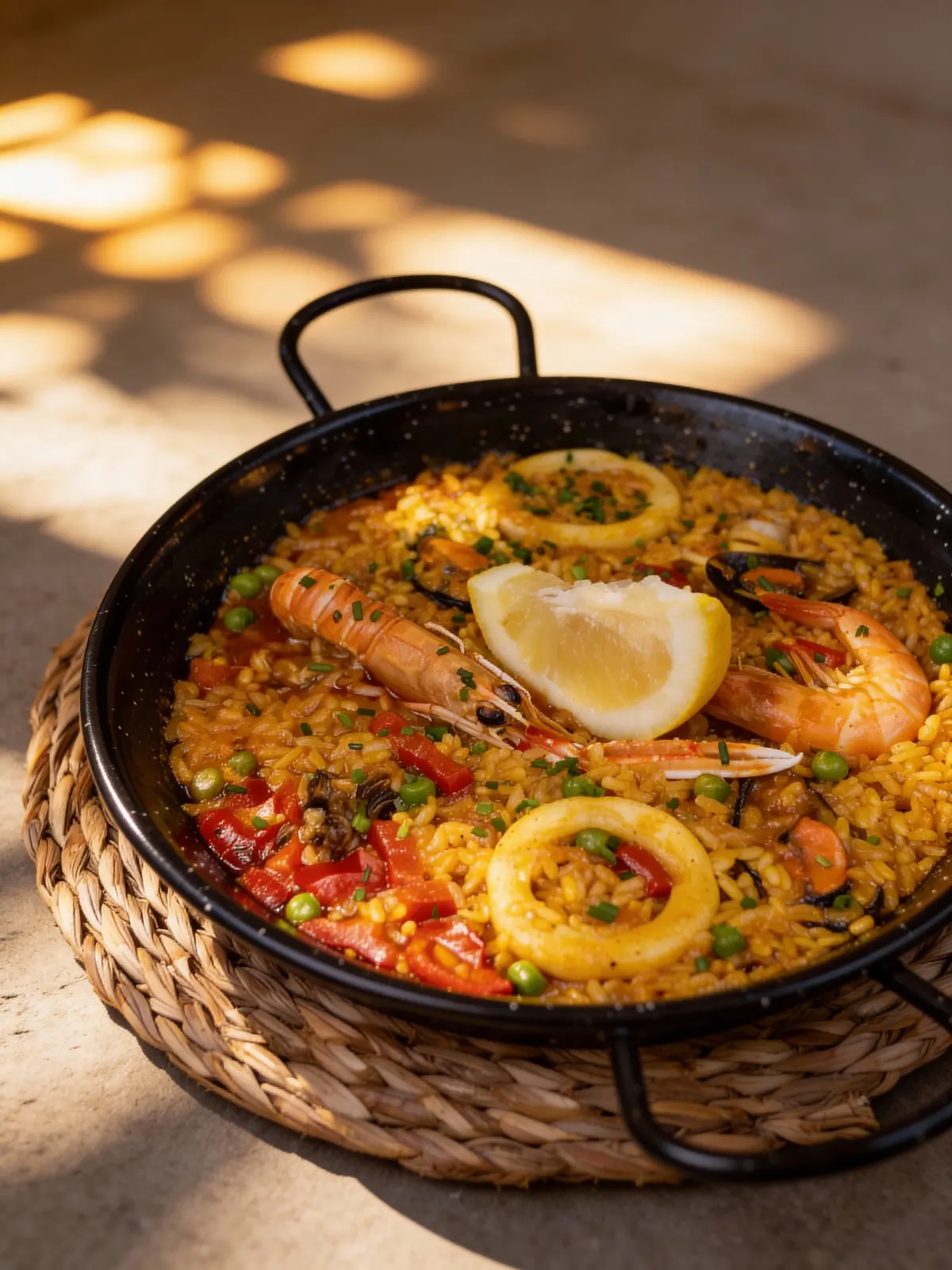 paella de marisco en Barcelona con calamar gamba langostinera cigala mejillón pimiento y guisantes