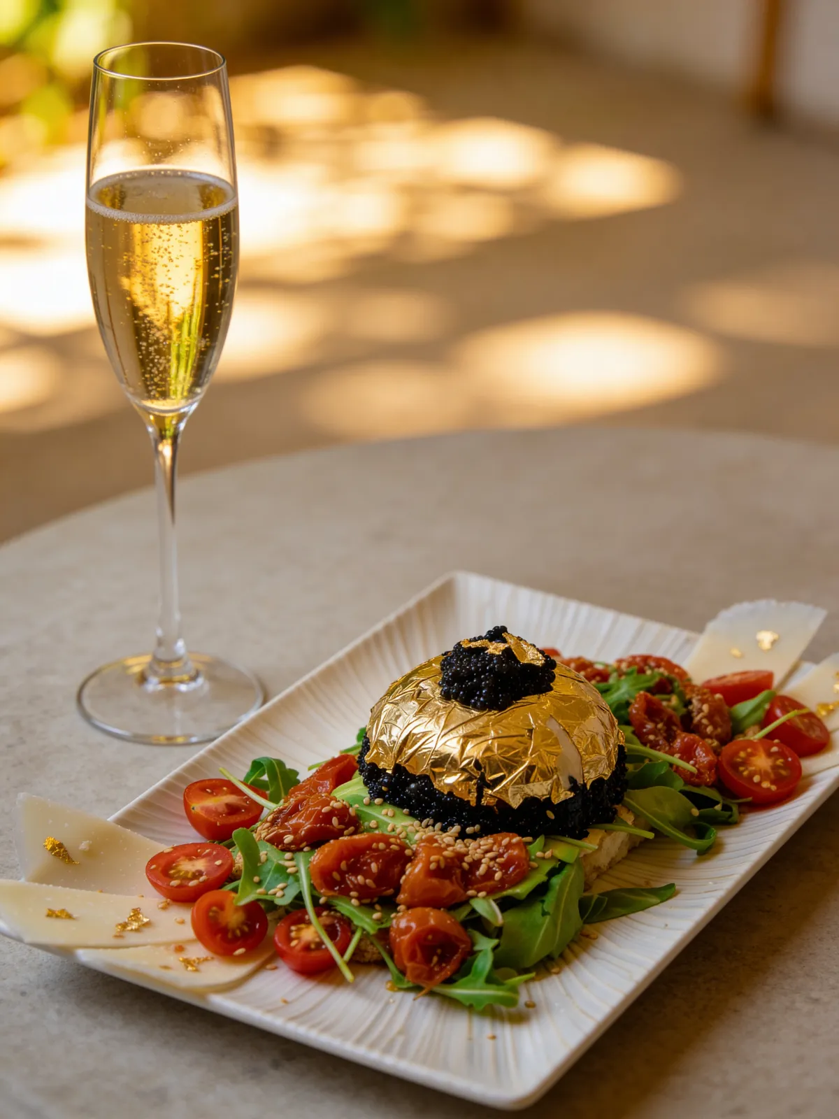 pan de payés - rebanada de pan de payés tostado que sostiene rúcula - aguacate - tomate y la joya de la corona burrata con toque de caviar
pa de pagès - llesca de pa de pagès torrat que sosté ruca - alvocat - tomàquet i la joia de la corona burrata amb toc de caviar
country bread - a slice of toasted country bread holding arugula - avocado - tomato and the jewel in the crown, burrata with a touch of caviar