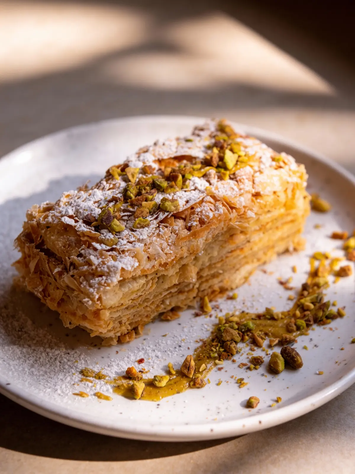 Imperio Brunch - Repostería artesana en Barcelona - Tarta Napoleón con pistacho artesana - Dónde tomar tarta y un café con leche cerca Sagrada Familia. Imperio Brunch - Artisan Pastries in Barcelona - Artisan Pistachio Napoleon Cake - Where to have cake and a latte near Sagrada Familia. Imperi Brunch - Rebosteria artesana a Barcelona - Pastís Napoleó amb festuc artesà - On prendre pastís i un cafè amb llet a prop Sagrada Família.