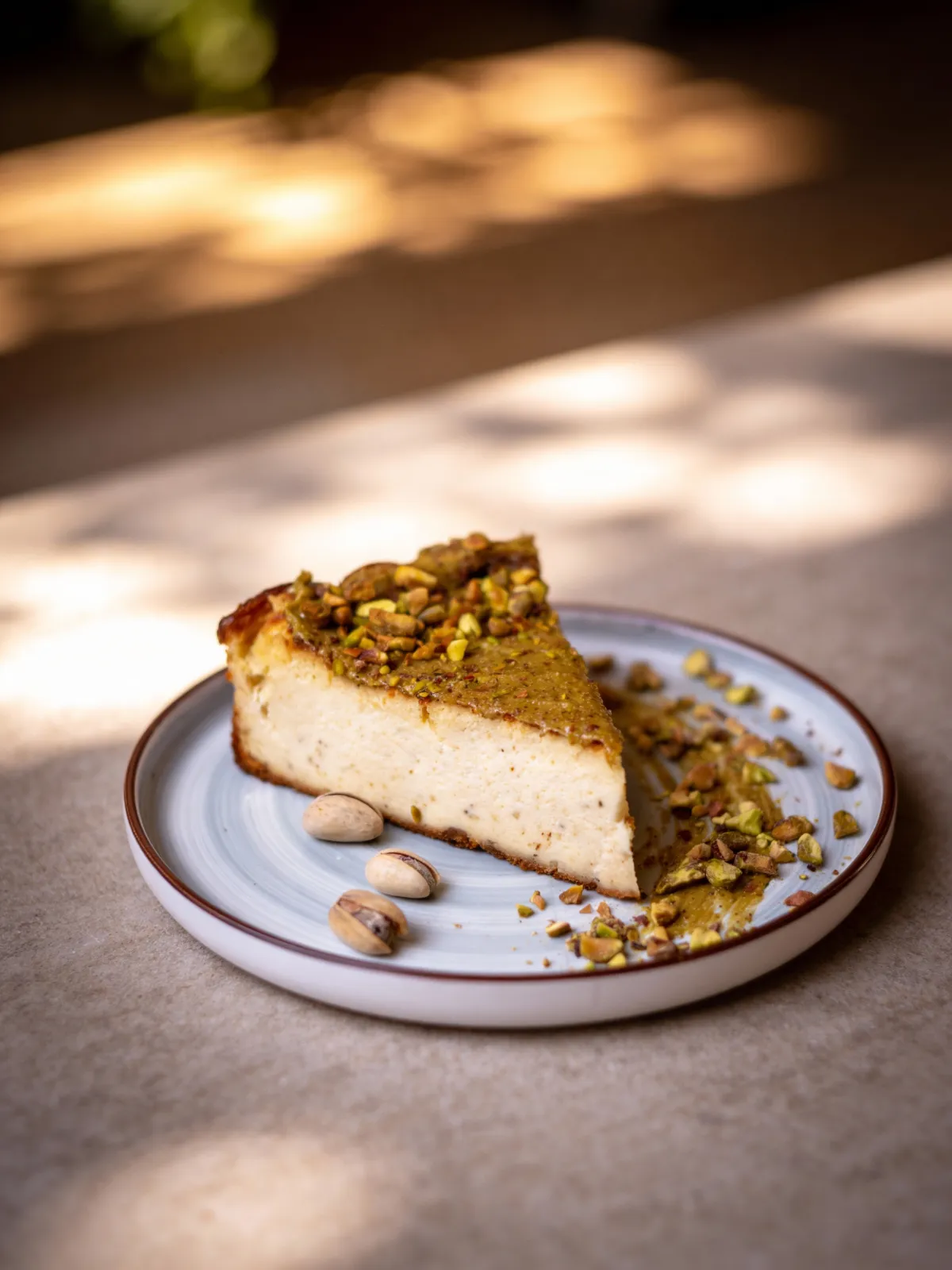 Imperio Brunch - Repostería artesana en Barcelona - Tarta de queso con pistacho foto completa - Dónde comer tarta de queso cerca de Sagrada Familia