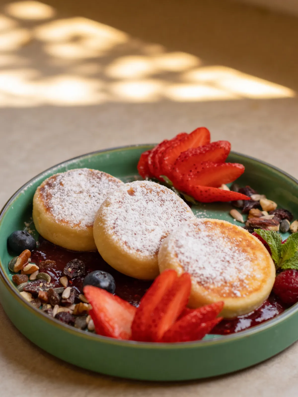 Syrniki syrnik panqueques ucraniano ruso con acompañamiento de fruta - repostería artesana países del este imperio Brunch. Syrniki syrnik pancakes ucraïnès rus amb acompanyament de fruita - rebosteria artesana països de l'est imperi Brunch. Syrniki syrnik Ukrainian Russian pancakes with fruit accompaniment - artisan pastry Eastern European countries Brunch